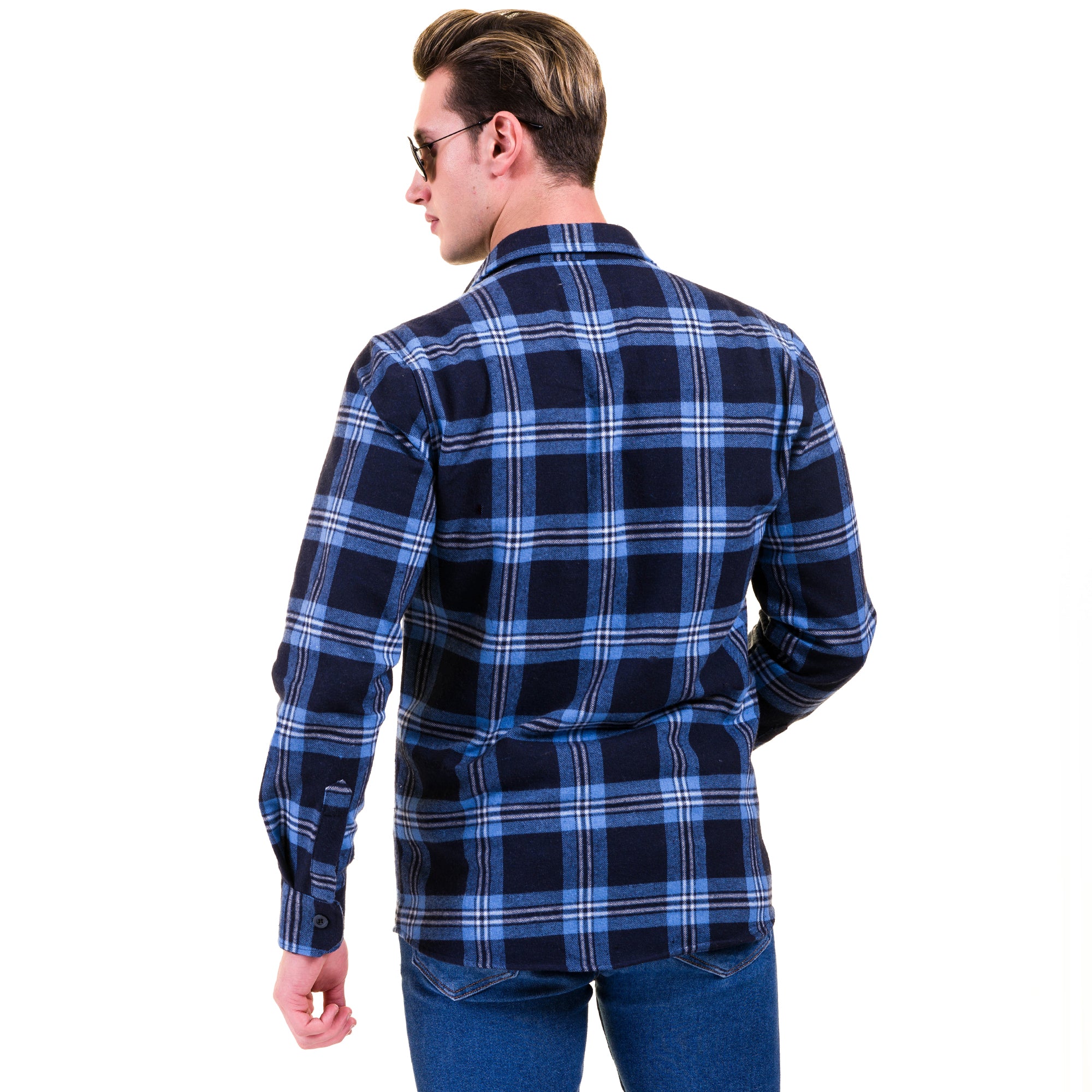 Blue Black Check Mens Slim Fit Designer French Cuff Shirt - tailored Cotton Shirts for Work and Casual Wear - Image 2