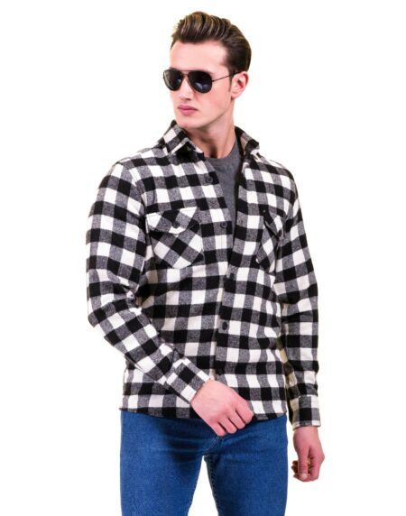 Black White Check Mens Slim Fit Designer French Cuff Shirt – tailored Cotton Shirts for Work and Casual Wear