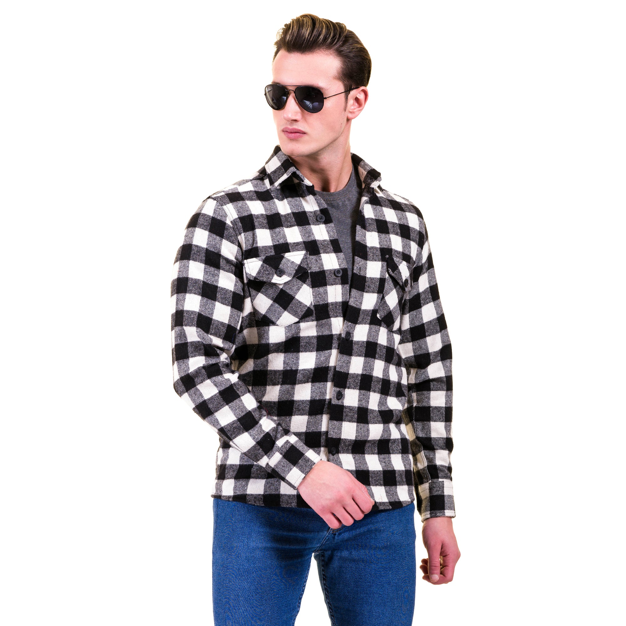 Black White Check Mens Slim Fit Designer French Cuff Shirt – tailored Cotton Shirts for Work and Casual Wear