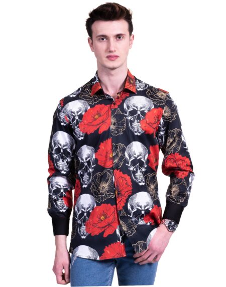 Black, Red and White Skulls Mens Slim Fit Designer French Cuff Shirt – tailored Cotton Shirts for Work and Casual Wear
