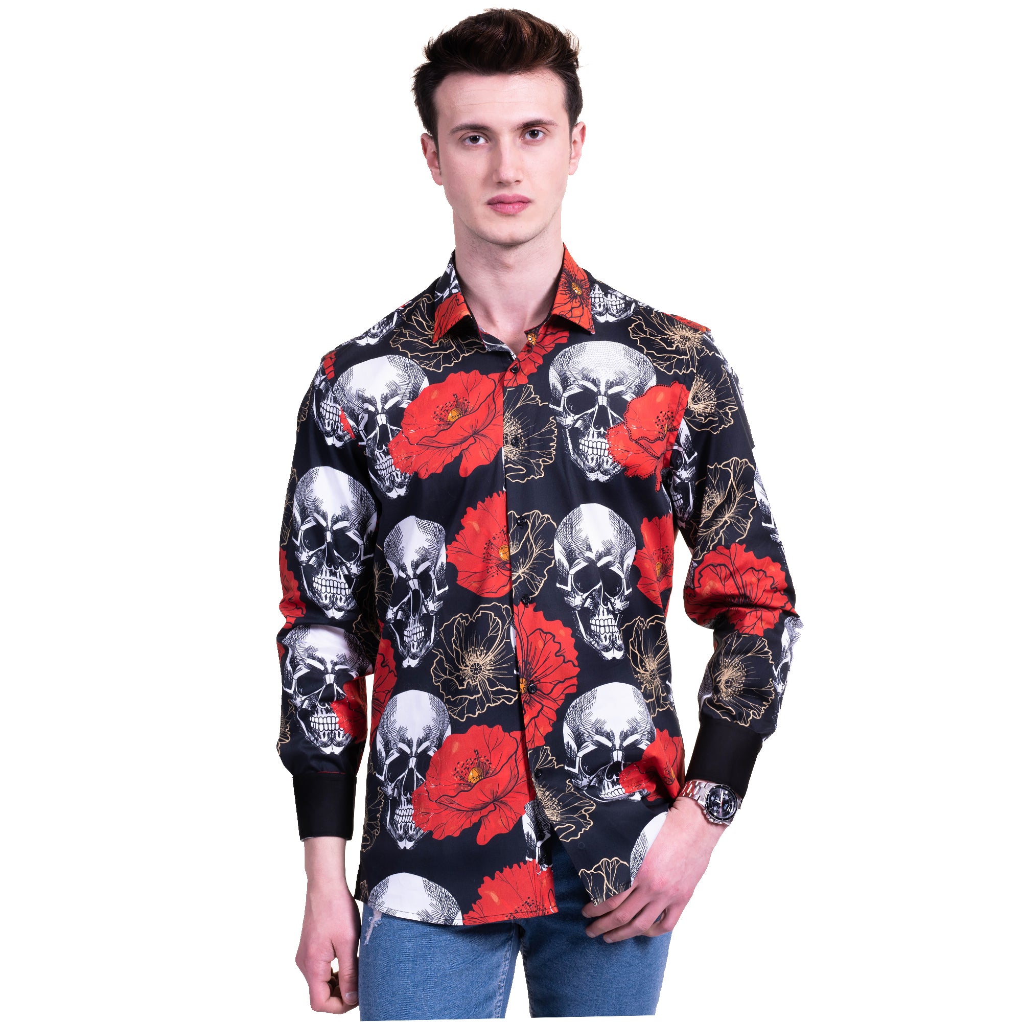 Black, Red and White Skulls Mens Slim Fit Designer French Cuff Shirt – tailored Cotton Shirts for Work and Casual Wear