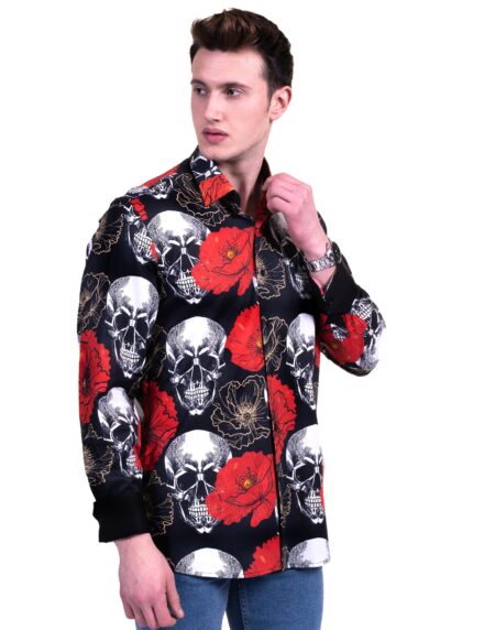 Black, Red and White Skulls Mens Slim Fit Designer French Cuff Shirt – tailored Cotton Shirts for Work and Casual Wear