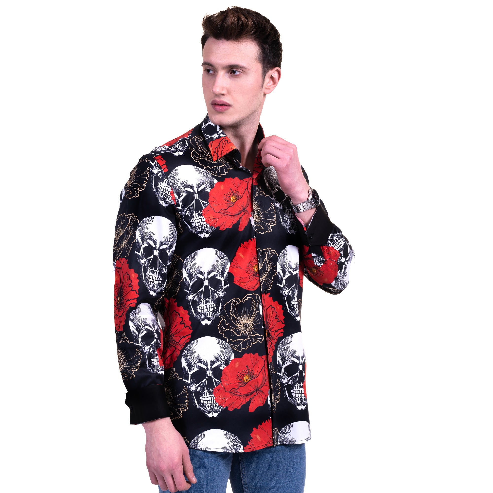 Black, Red and White Skulls Mens Slim Fit Designer French Cuff Shirt - tailored Cotton Shirts for Work and Casual Wear - Image 2
