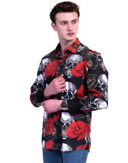 Black, Red and White Skulls Mens Slim Fit Designer French Cuff Shirt – tailored Cotton Shirts for Work and Casual Wear