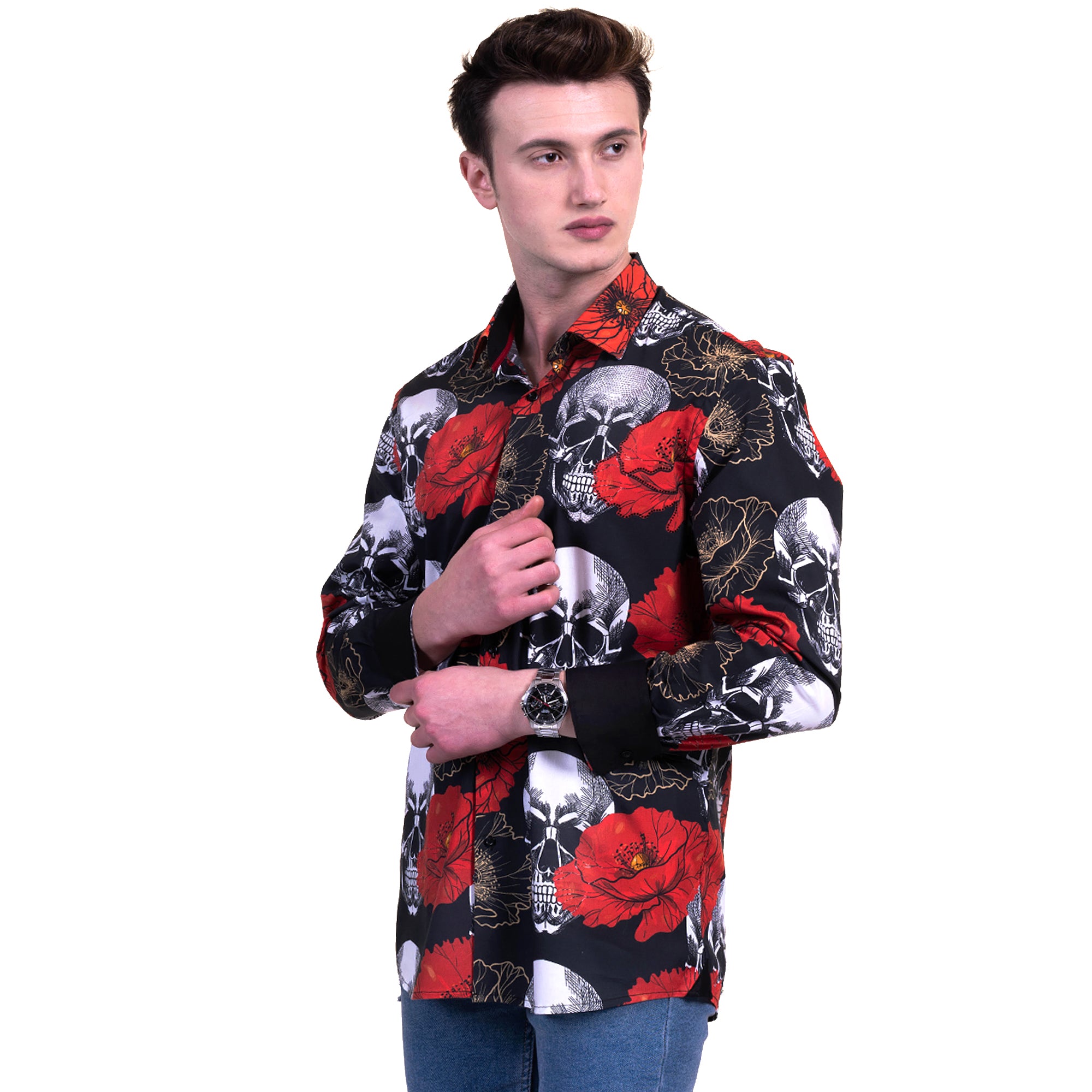 Black, Red and White Skulls Mens Slim Fit Designer French Cuff Shirt - tailored Cotton Shirts for Work and Casual Wear - Image 3