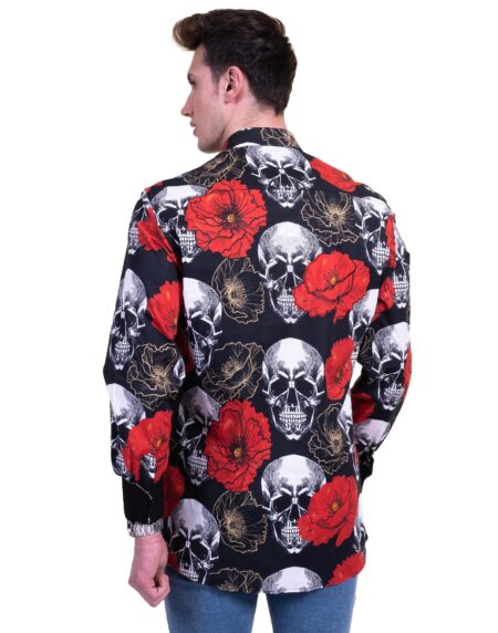 Black, Red and White Skulls Mens Slim Fit Designer French Cuff Shirt – tailored Cotton Shirts for Work and Casual Wear