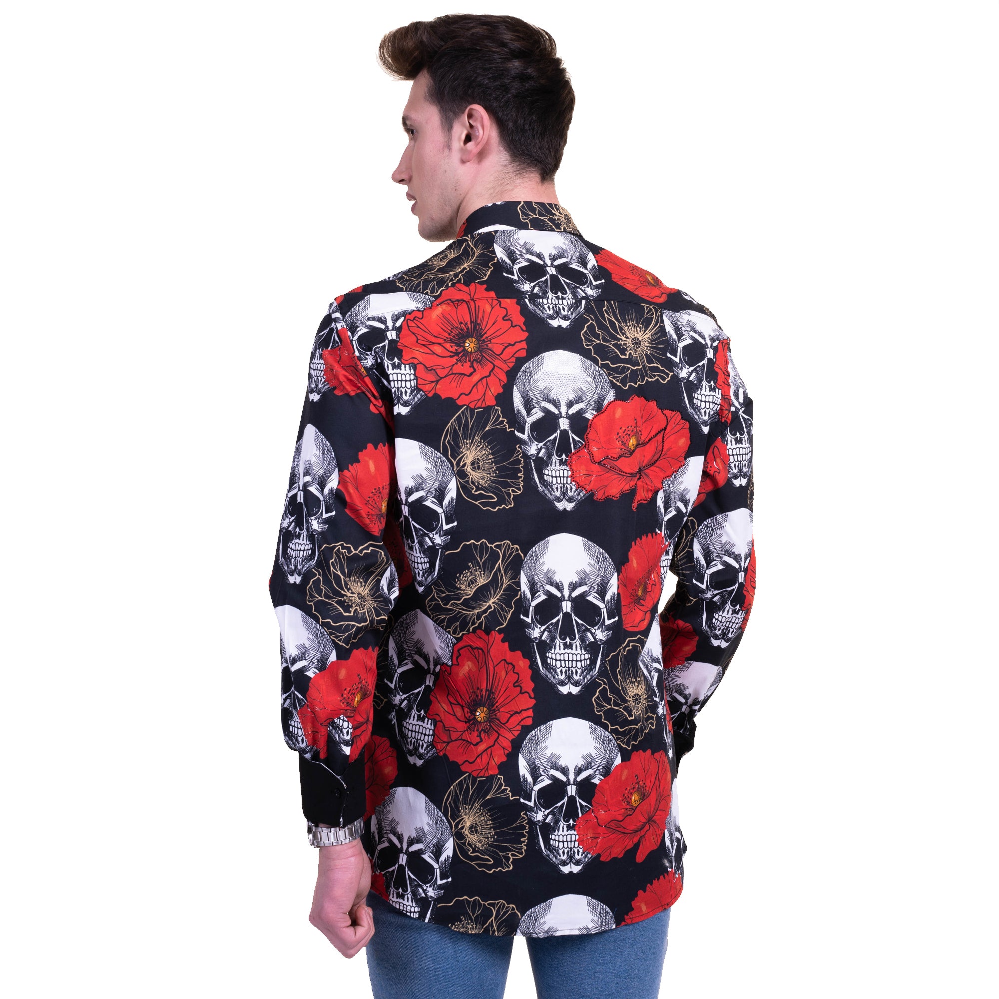 Black, Red and White Skulls Mens Slim Fit Designer French Cuff Shirt - tailored Cotton Shirts for Work and Casual Wear - Image 4