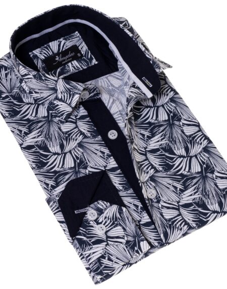 Black White Leaves French Cuff Shirt – Slim Fit Cotton Shirt for Men – Work & Casual
