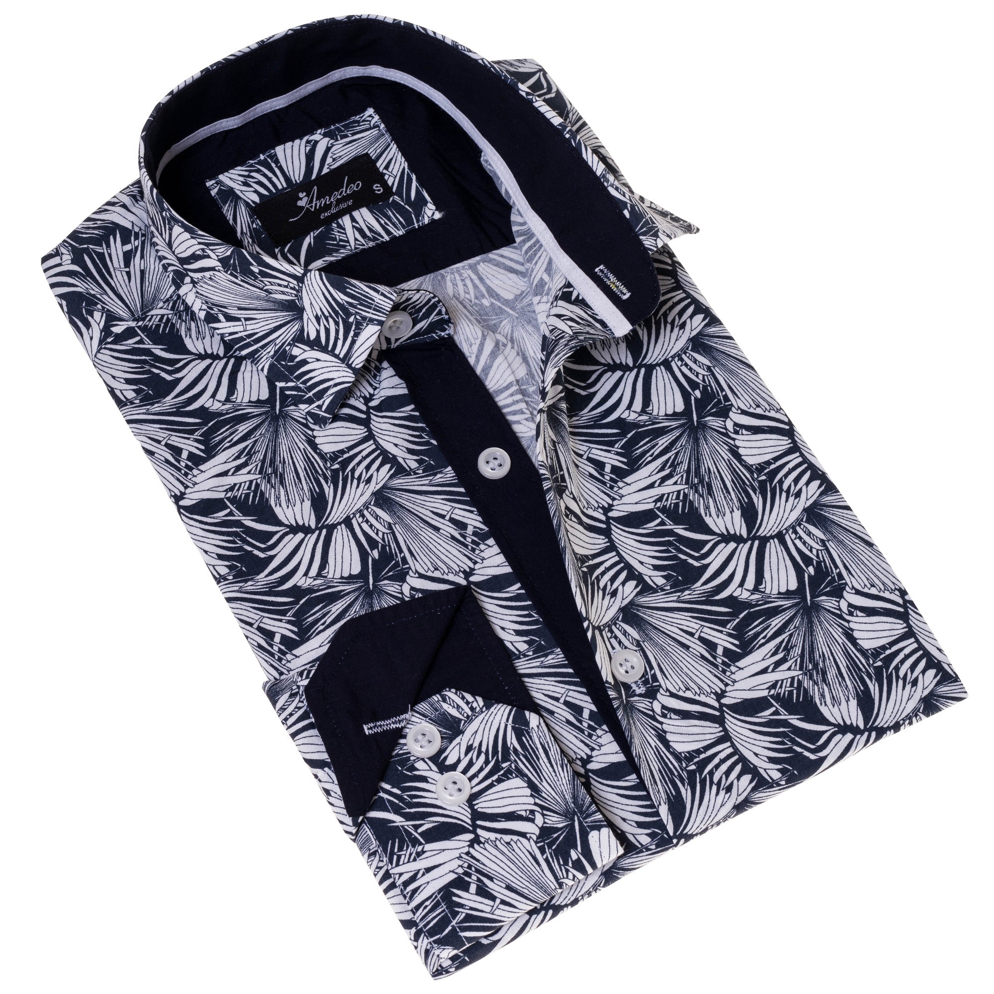 Black White Leaves French Cuff Shirt – Slim Fit Cotton Shirt for Men – Work & Casual