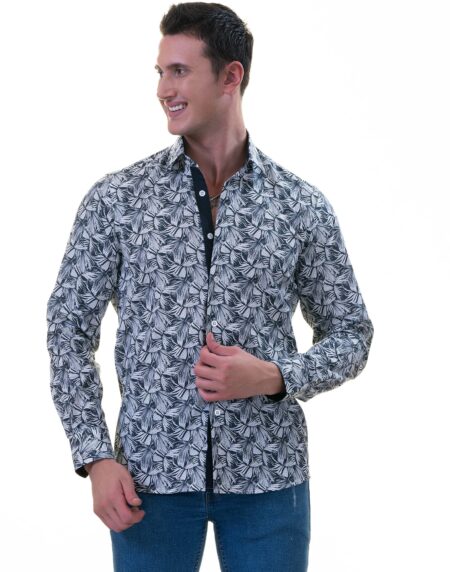 Black White Leaves French Cuff Shirt – Slim Fit Cotton Shirt for Men – Work & Casual