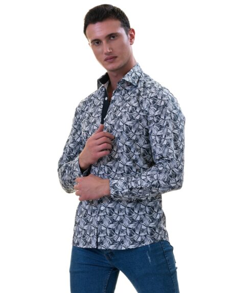 Black White Leaves French Cuff Shirt – Slim Fit Cotton Shirt for Men – Work & Casual