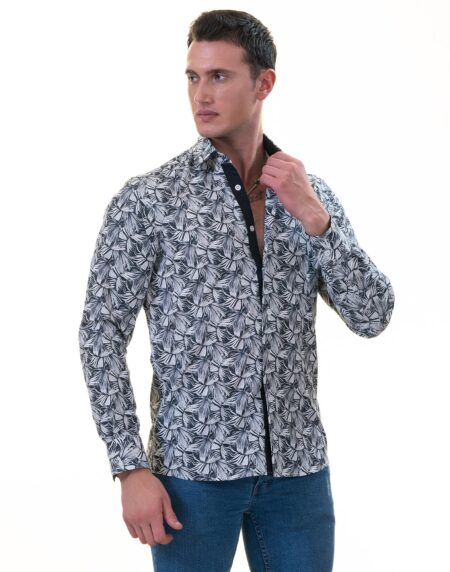 Black White Leaves French Cuff Shirt – Slim Fit Cotton Shirt for Men – Work & Casual