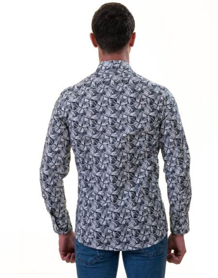 Black White Leaves French Cuff Shirt – Slim Fit Cotton Shirt for Men – Work & Casual