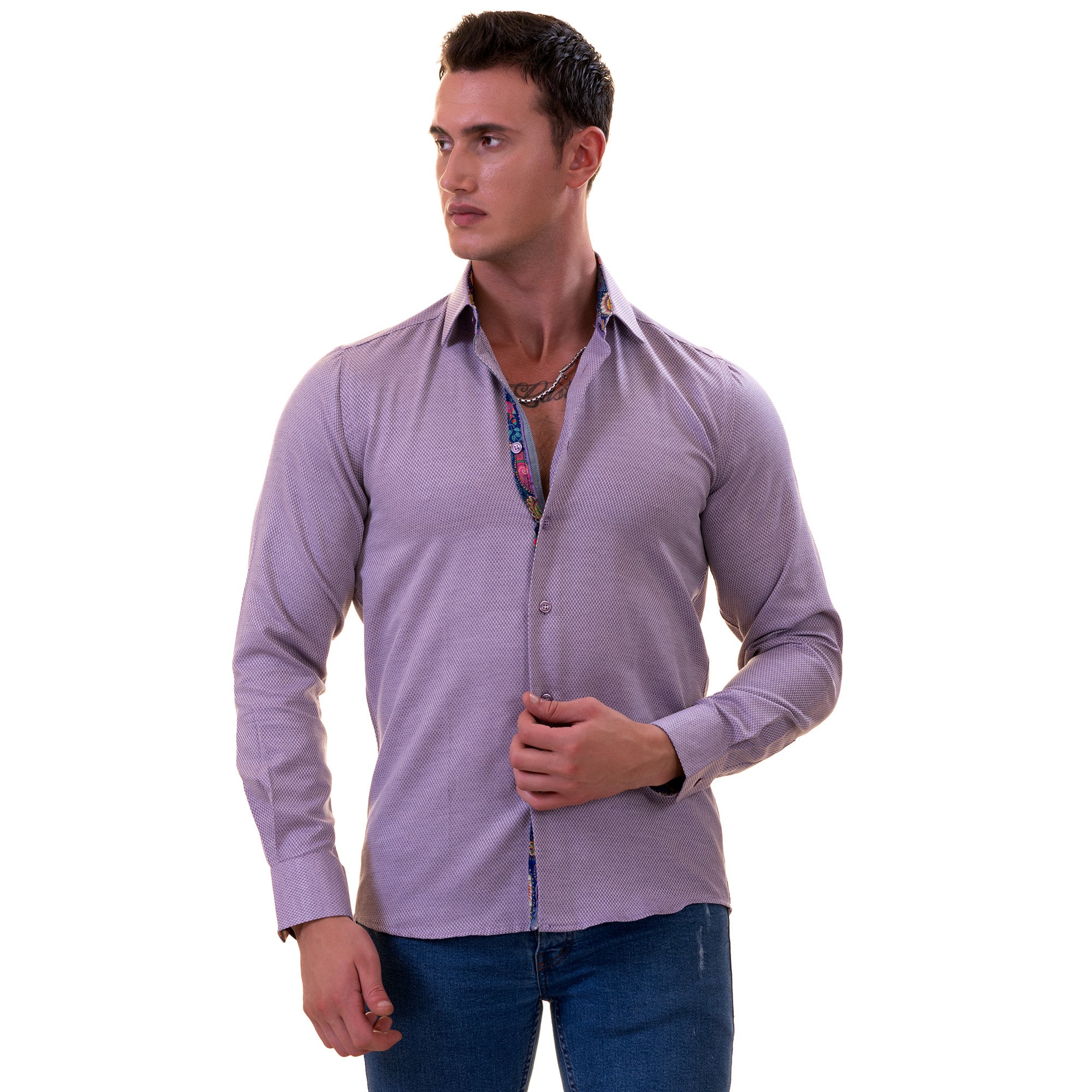 Purple Jacquard Men's Slim Fit Designer Dress Shirt - Tailored Cotton Shirt - Image 2