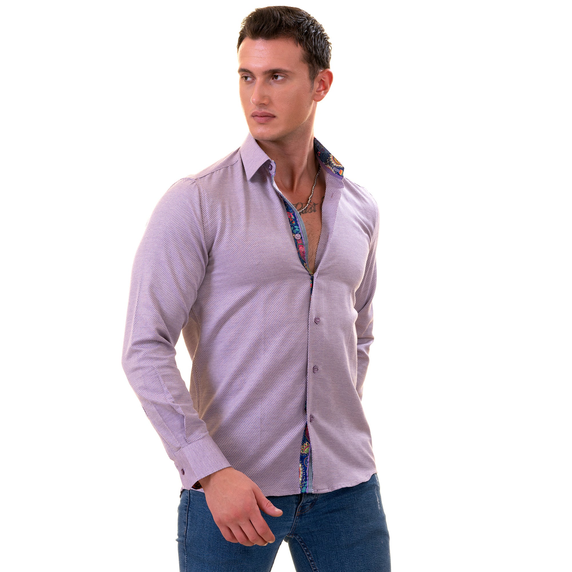 Purple Jacquard Men's Slim Fit Designer Dress Shirt - Tailored Cotton Shirt - Image 3