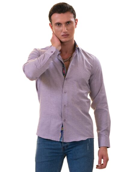 Purple Jacquard Men’s Slim Fit Designer Dress Shirt – Tailored Cotton Shirt