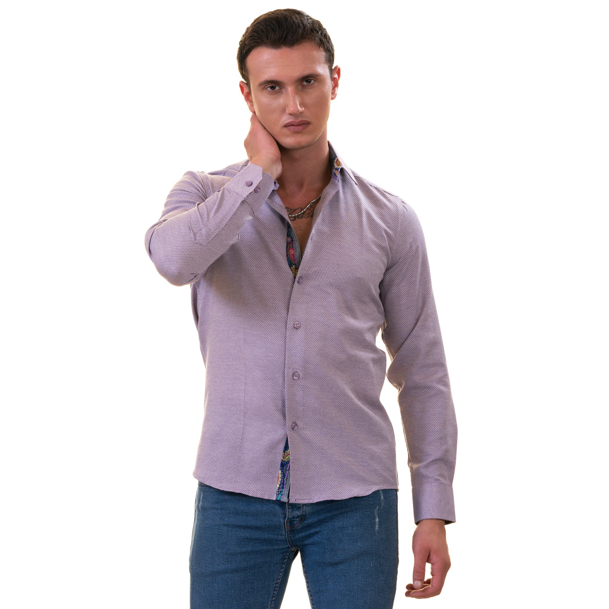 Purple Jacquard Men's Slim Fit Designer Dress Shirt - Tailored Cotton Shirt - Image 5