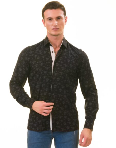 Black Floral Men’s Slim Fit Designer Dress Shirt – Tailored Cotton Shirt