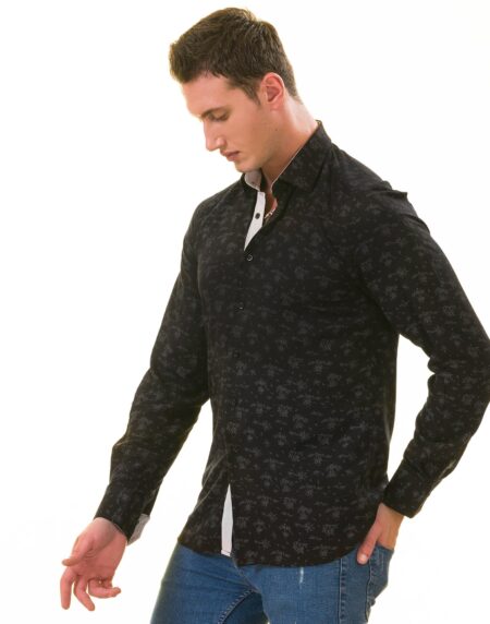 Black Floral Men’s Slim Fit Designer Dress Shirt – Tailored Cotton Shirt