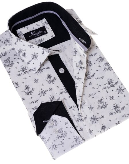 White Floral Men’s Slim Fit Designer Dress Shirt – Tailored Cotton