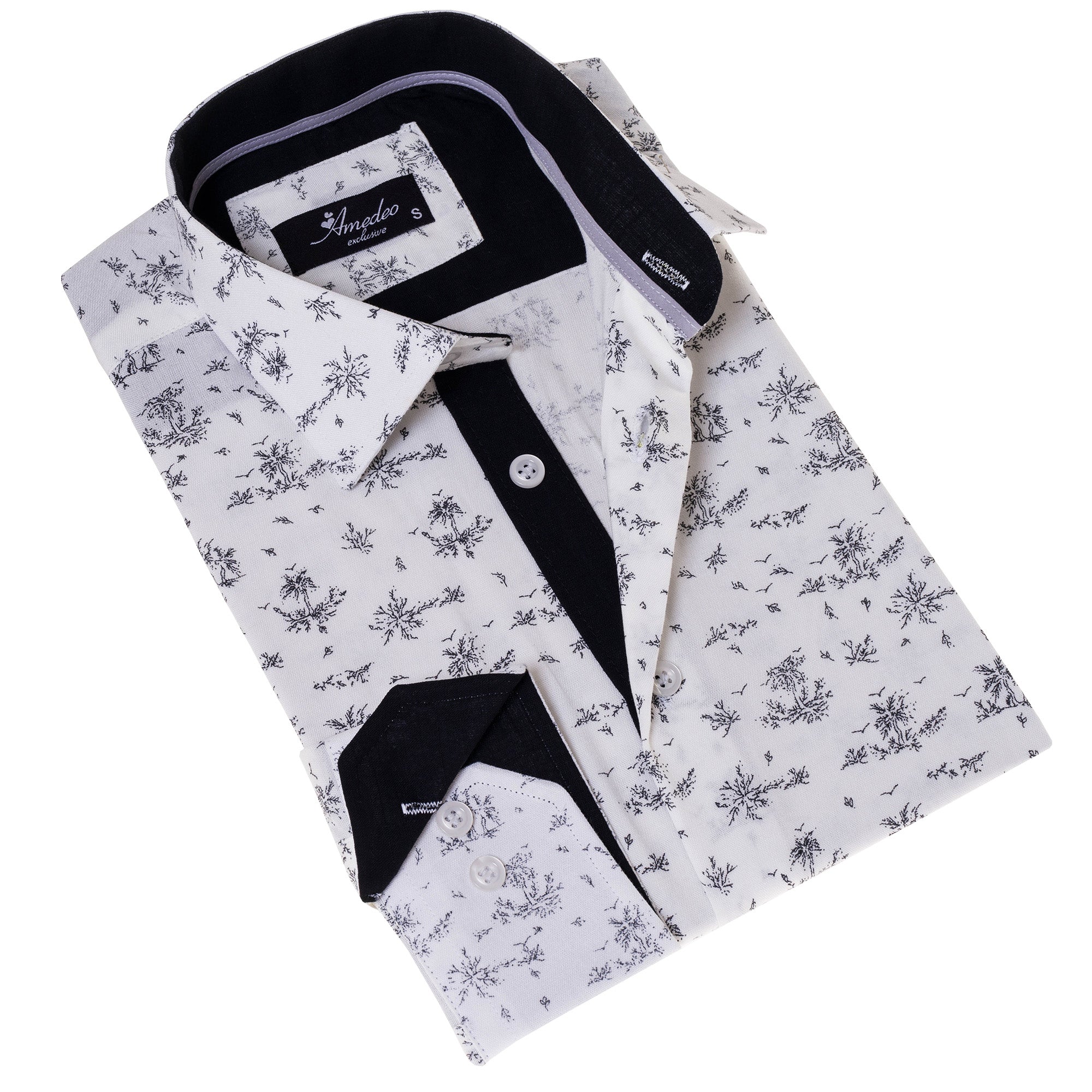 White Floral Men’s Slim Fit Designer Dress Shirt – Tailored Cotton