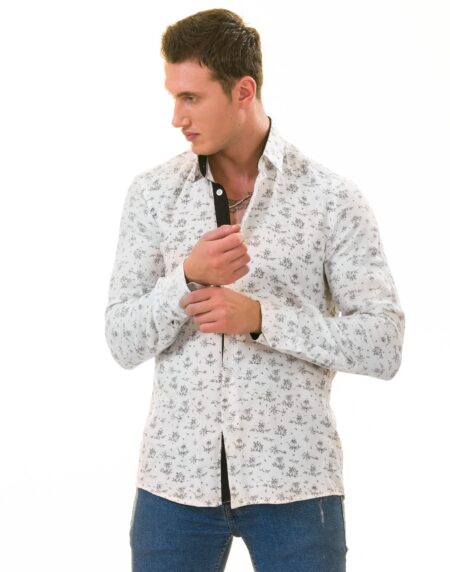 White Floral Men’s Slim Fit Designer Dress Shirt – Tailored Cotton