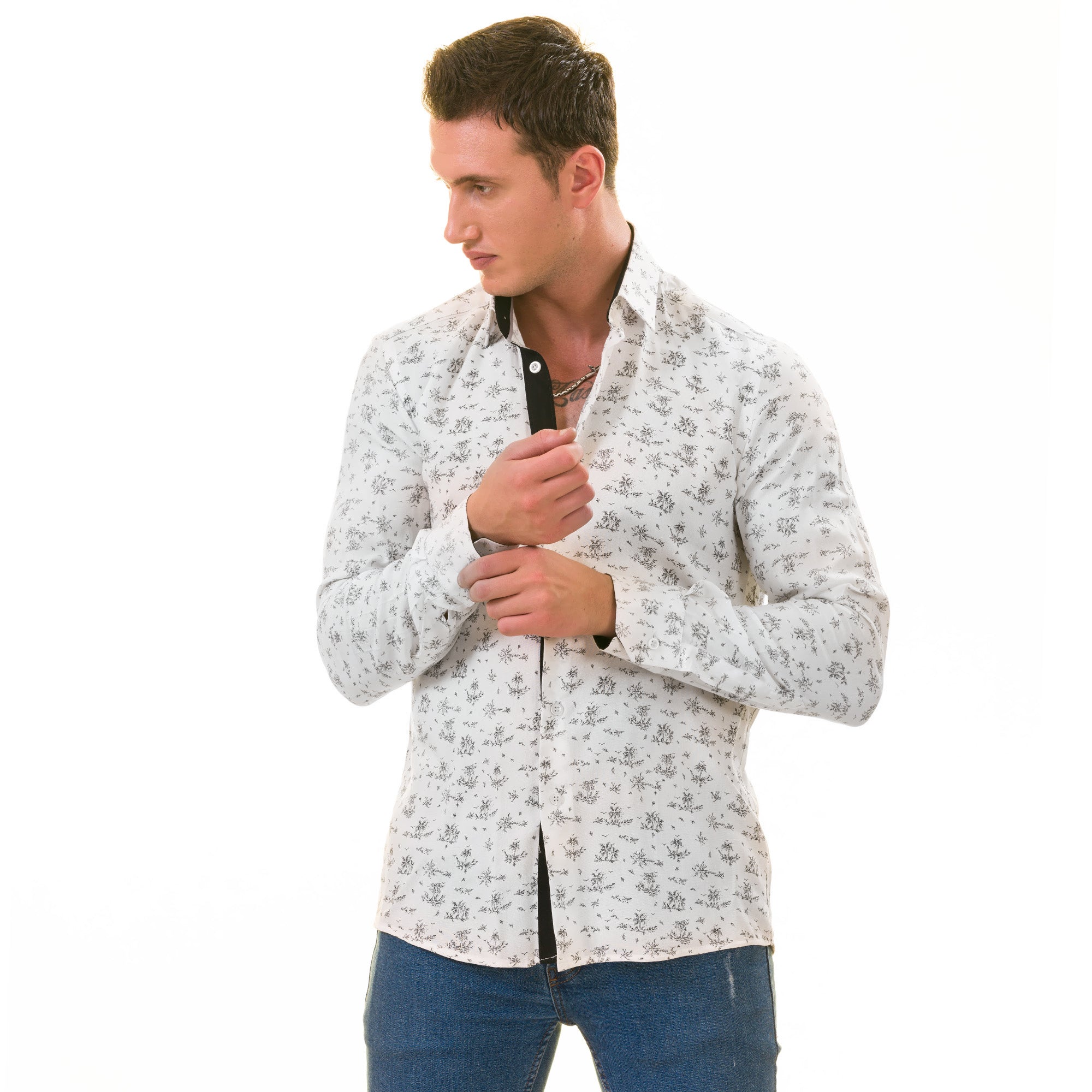White Floral Men's Slim Fit Designer Dress Shirt - Tailored Cotton - Image 6