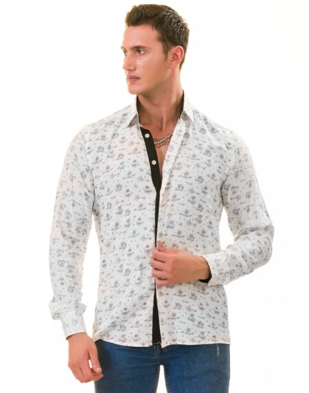 White Floral Men’s Slim Fit Designer Dress Shirt – Tailored Cotton