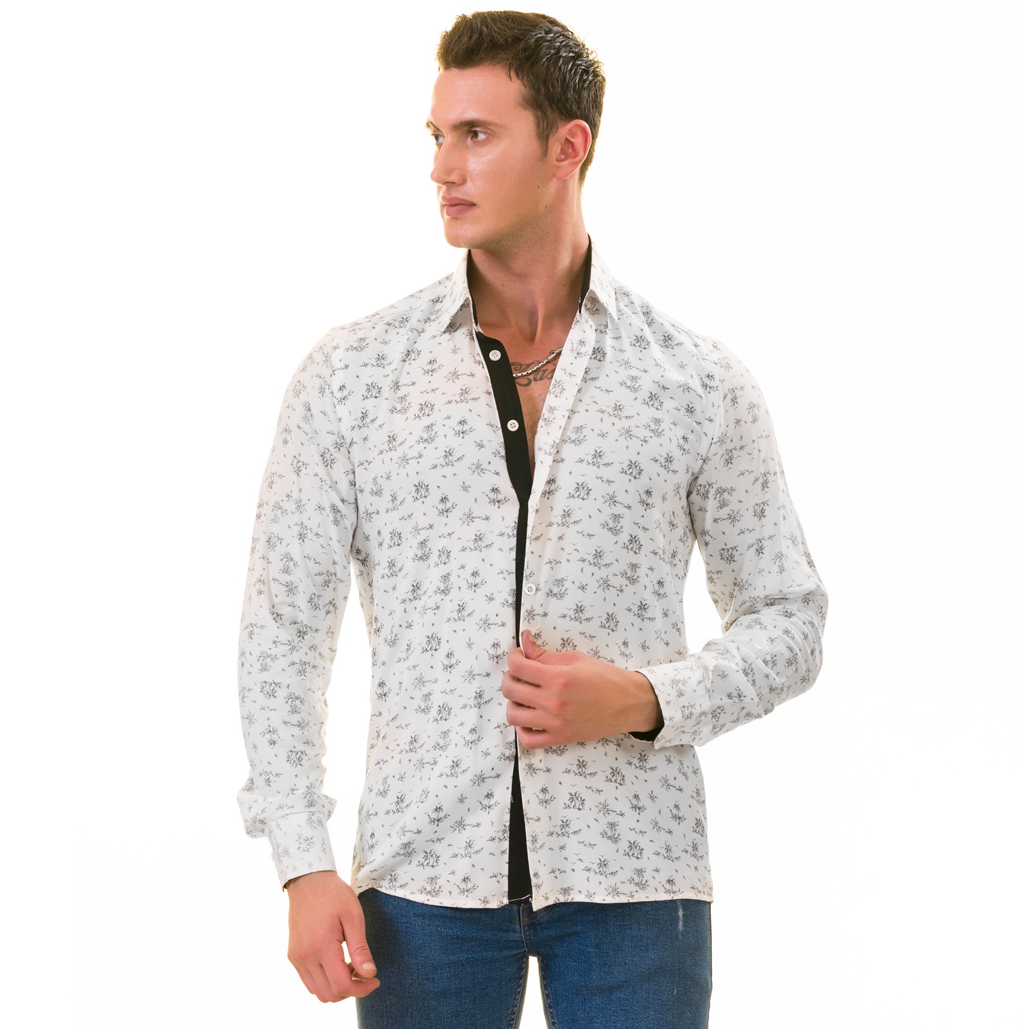 White Floral Men's Slim Fit Designer Dress Shirt - Tailored Cotton - Image 3