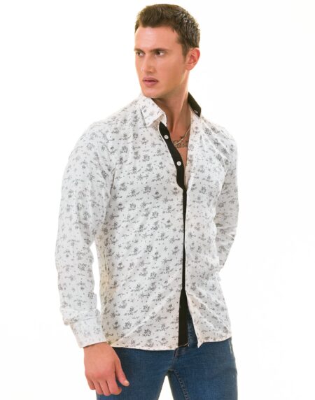 White Floral Men’s Slim Fit Designer Dress Shirt – Tailored Cotton
