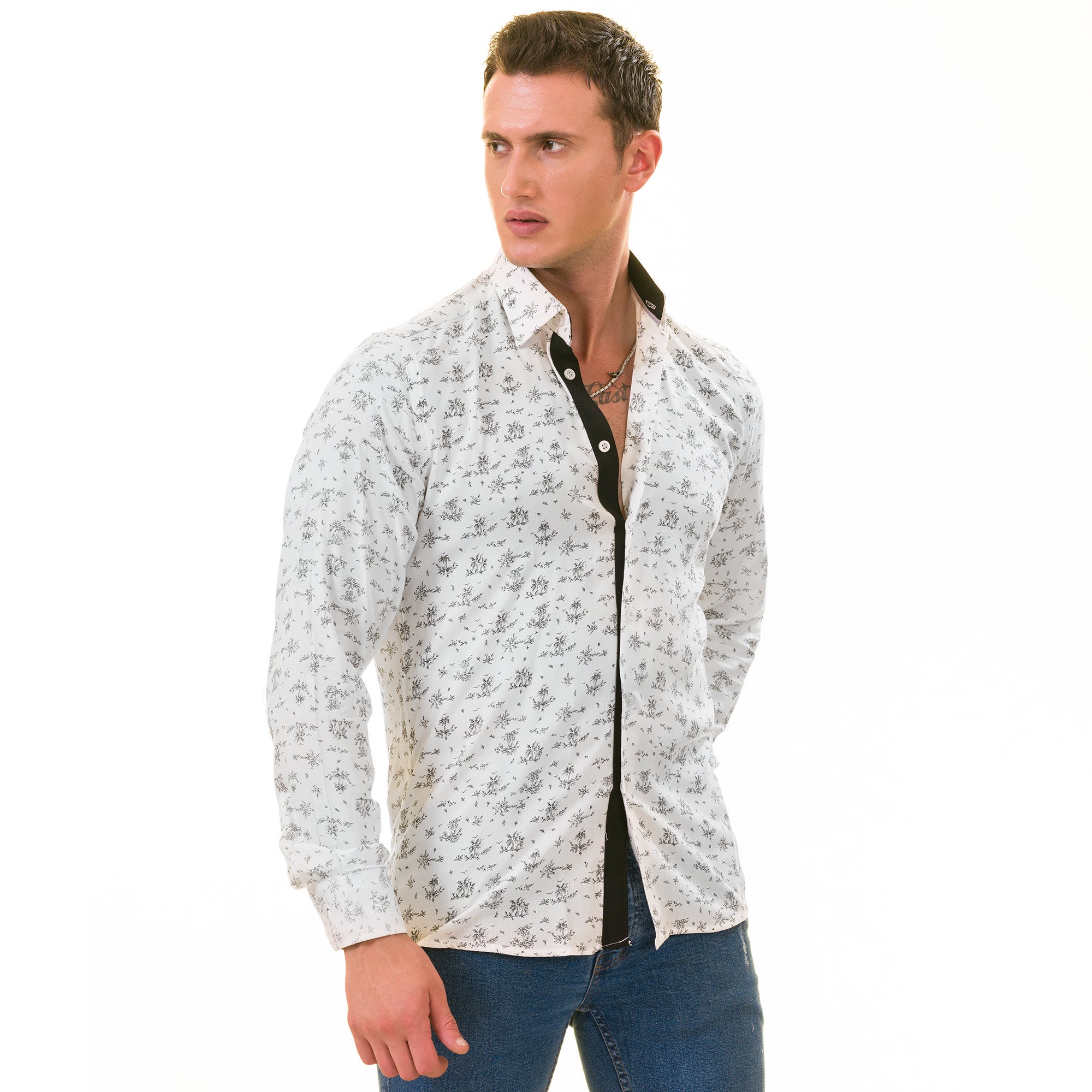 White Floral Men's Slim Fit Designer Dress Shirt - Tailored Cotton - Image 4