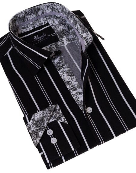 Black Striped Men’s Slim Fit Designer French Cuff Shirt – Tailored Cotton