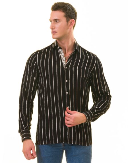 Black Striped Men’s Slim Fit Designer French Cuff Shirt – Tailored Cotton