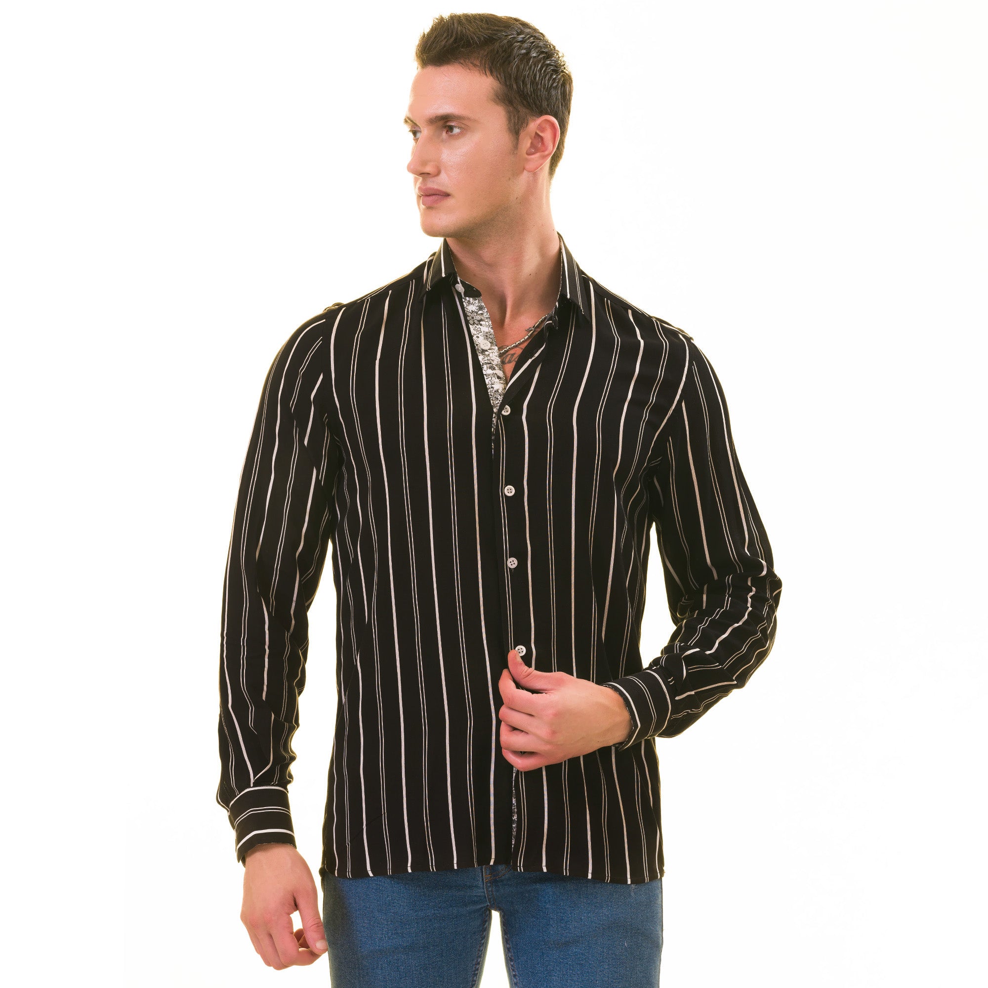 Black Striped Men's Slim Fit Designer French Cuff Shirt - Tailored Cotton - Image 2
