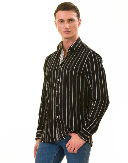 Black Striped Men’s Slim Fit Designer French Cuff Shirt – Tailored Cotton