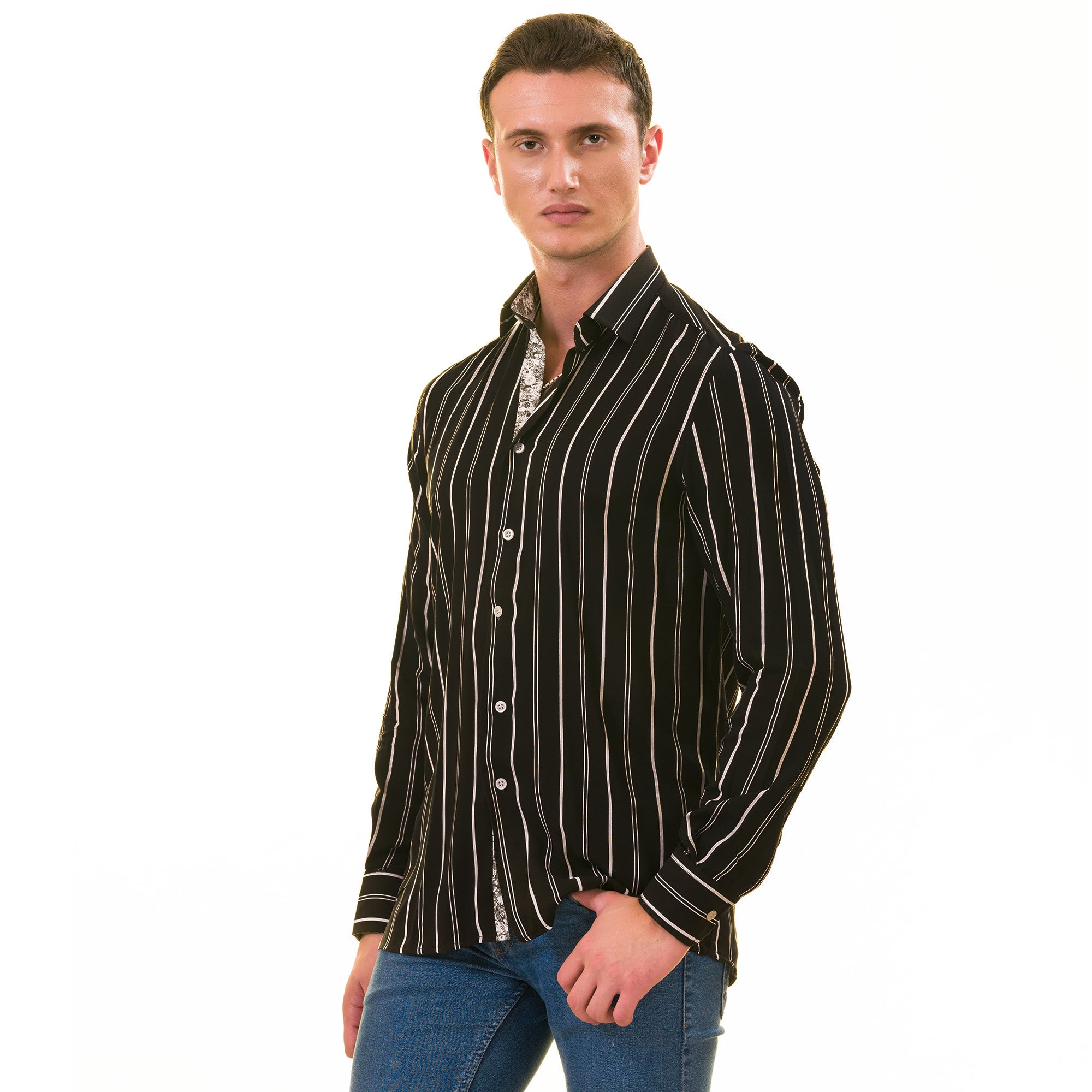 Black Striped Men's Slim Fit Designer French Cuff Shirt - Tailored Cotton - Image 3