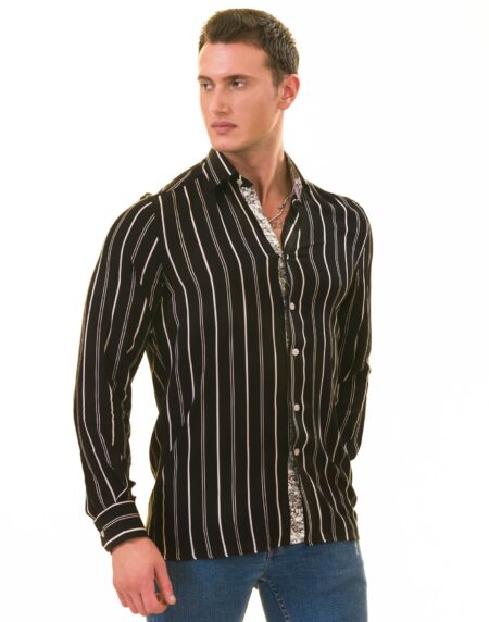 Black Striped Men’s Slim Fit Designer French Cuff Shirt – Tailored Cotton