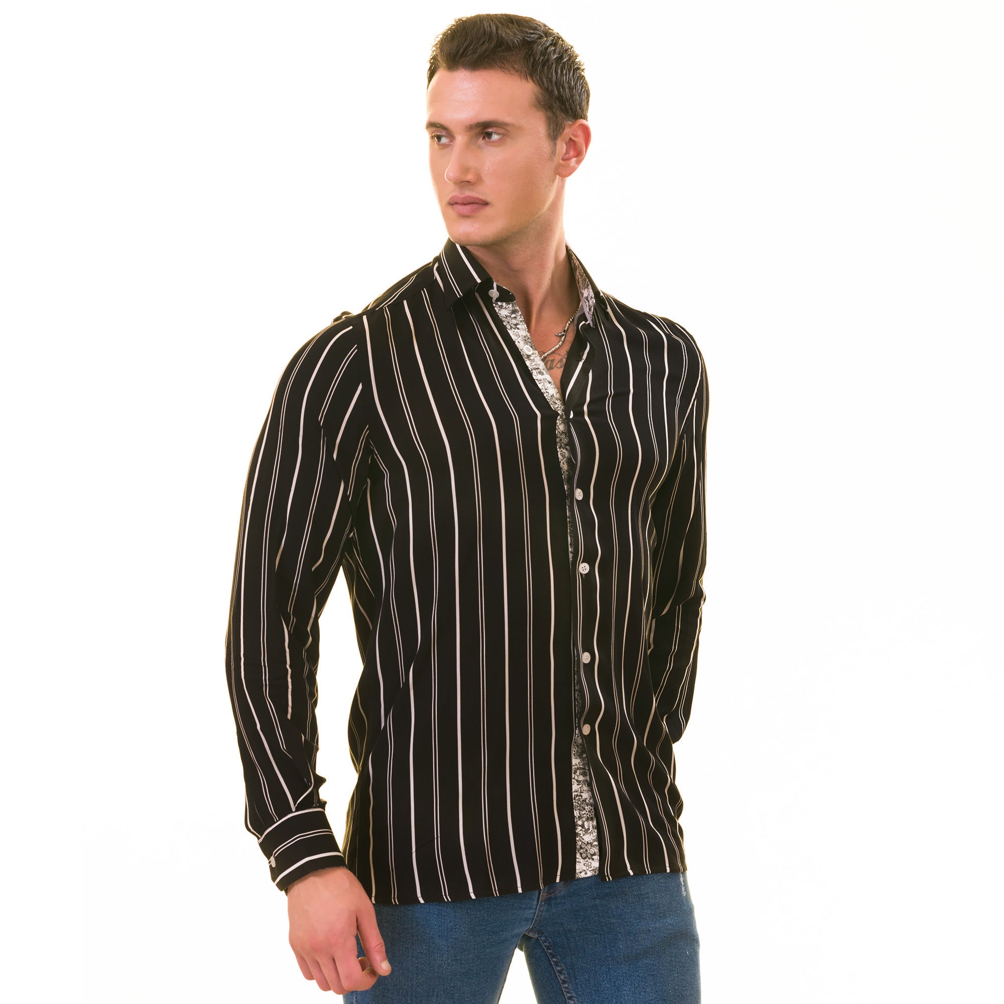 Black Striped Men's Slim Fit Designer French Cuff Shirt - Tailored Cotton - Image 4