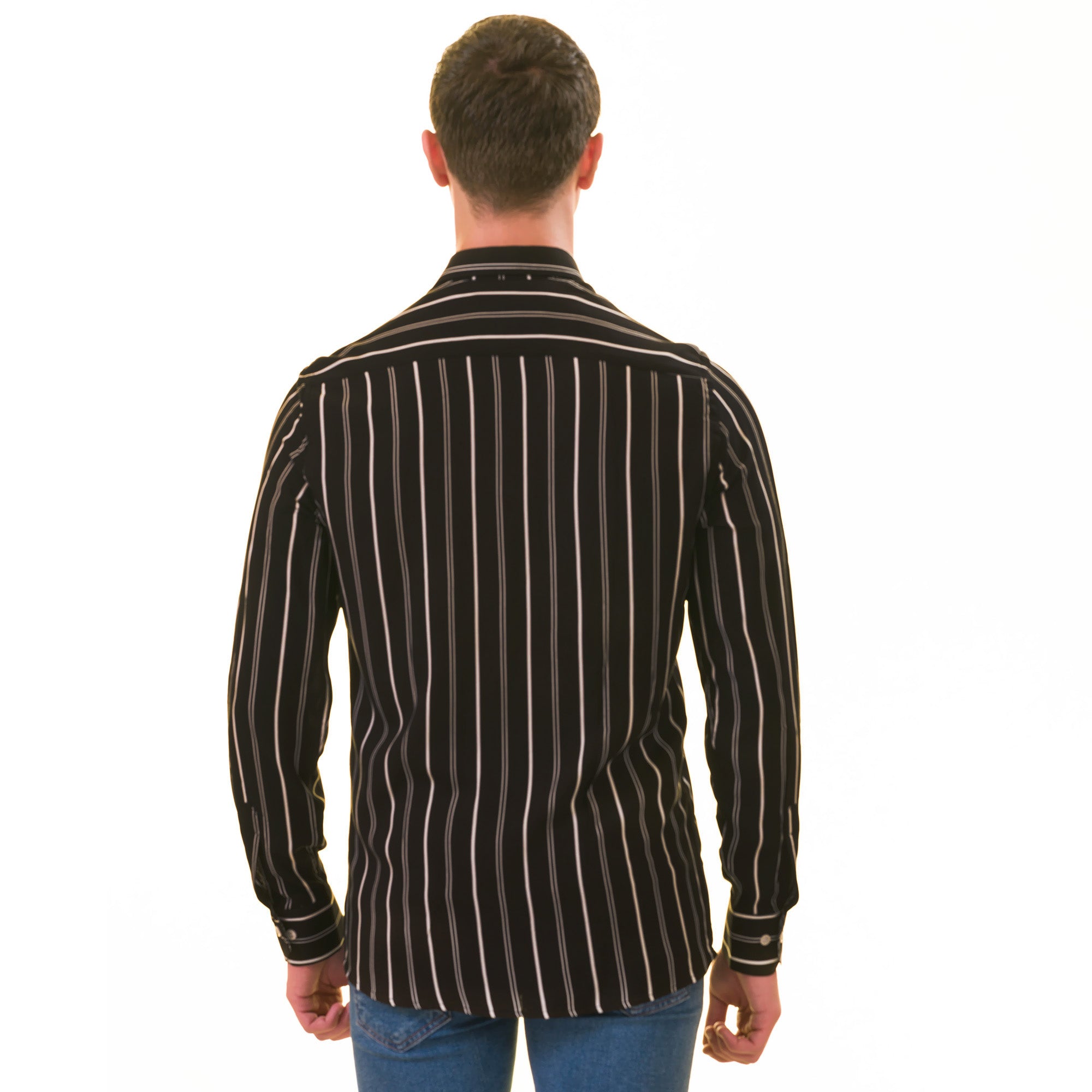 Black Striped Men's Slim Fit Designer French Cuff Shirt - Tailored Cotton - Image 5