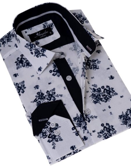 White Navy Floral Digital Men’s Slim Fit Designer Dress Shirt – Tailored Cotton