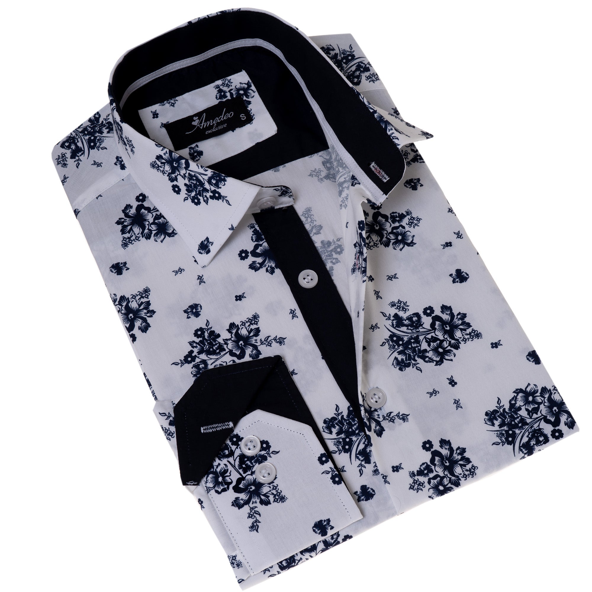 White Navy Floral Digital Men’s Slim Fit Designer Dress Shirt – Tailored Cotton