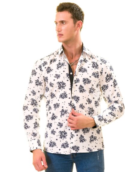White Navy Floral Digital Men’s Slim Fit Designer Dress Shirt – Tailored Cotton