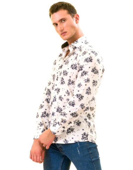 White Navy Floral Digital Men’s Slim Fit Designer Dress Shirt – Tailored Cotton