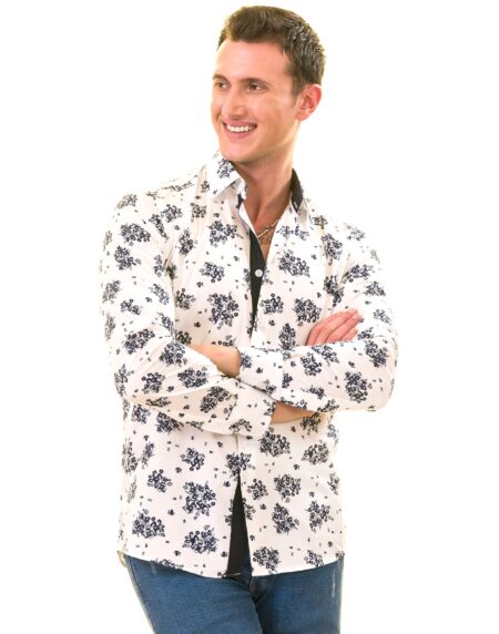 White Navy Floral Digital Men’s Slim Fit Designer Dress Shirt – Tailored Cotton