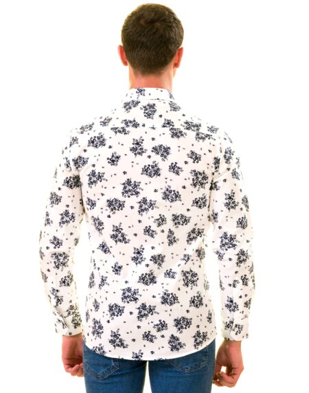 White Navy Floral Digital Men’s Slim Fit Designer Dress Shirt – Tailored Cotton
