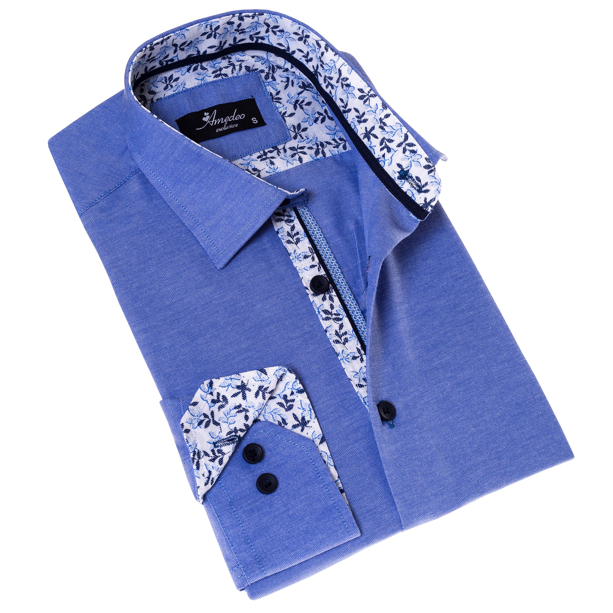 Blue Inside Floral Men’s Slim Fit Designer French Cuff Shirt – Tailored Cotton