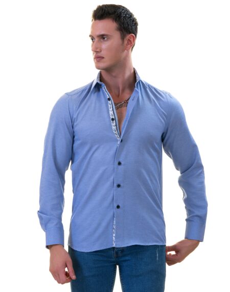 Blue Inside Floral Men’s Slim Fit Designer French Cuff Shirt – Tailored Cotton
