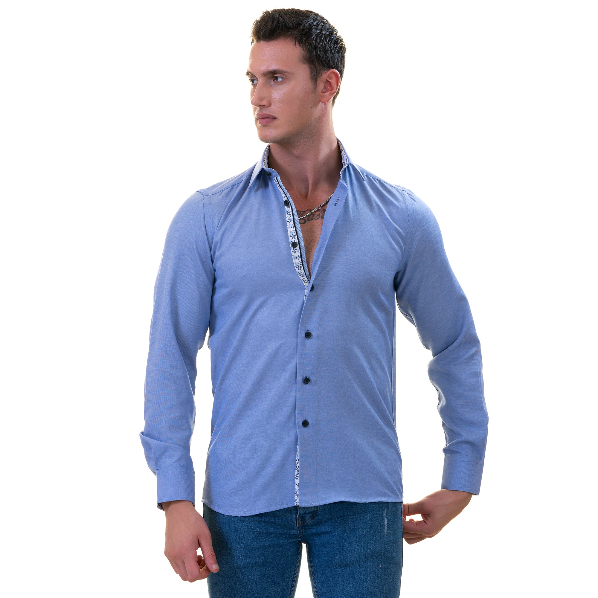 Blue Inside Floral Men's Slim Fit Designer French Cuff Shirt - Tailored Cotton - Image 2