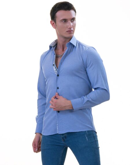 Blue Inside Floral Men’s Slim Fit Designer French Cuff Shirt – Tailored Cotton