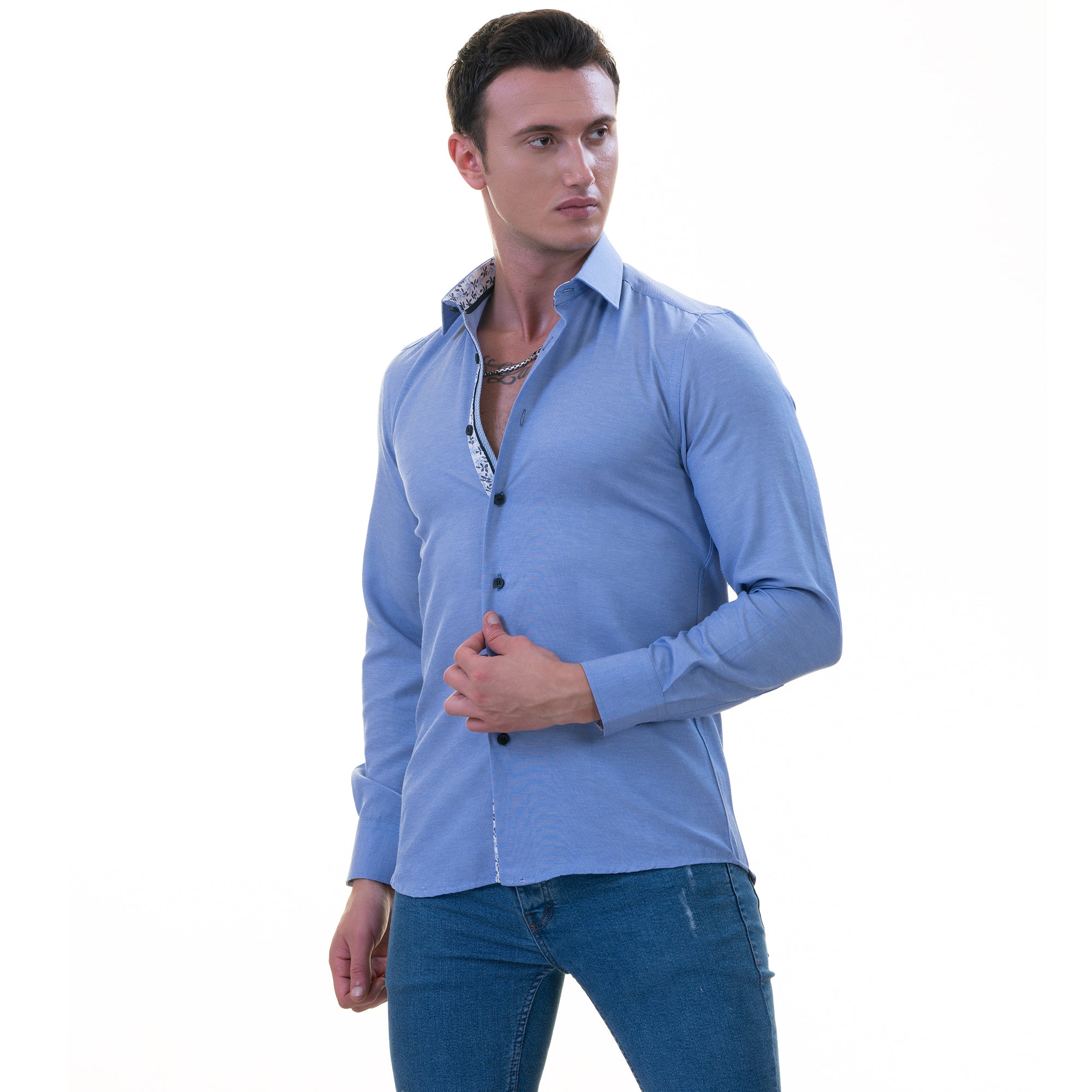 Blue Inside Floral Men's Slim Fit Designer French Cuff Shirt - Tailored Cotton - Image 3